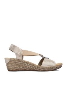 Rieker Sandały CEO-624H6-60 Beżowy. Brązowe sandały Rieker, bez wzorów, ze skóry, bez obcasa, na koturnie, bez zapięcia. Za 299,99 zł.
