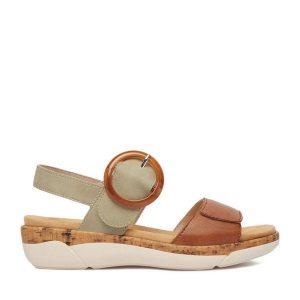 Sandały Remonte. Zielone sandały Remonte, bez wzorów, bez obcasa, na płaskiej podeszwie, bez zapięcia. Za 349,99 zł.