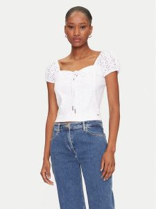 Guess Bluzka W5GP13 KCVA1 Biały Slim Fit. Białe bluzki Guess, l, z aplikacjami, z bawełny, bez kołnierzyka, bez ramiączek. Za 159,99 zł.