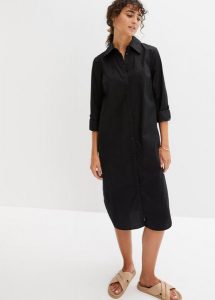 Sukienka szmizjerka z bawełnianej popeliny. Czarne sukienki bonprix, bez wzorów, z bawełny, bez kołnierzyka, bez ramiączek, plisowane. Za 129,99 zł.