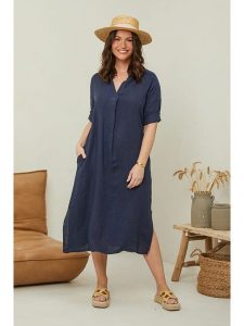 Curvy Lady Lniana sukienka w kolorze granatowym rozmiar: 48/50. Niebieskie sukienki Curvy Lady, bez wzorów, ze lnu, klasyczne, bez kołnierzyka, bez ramiączek, midi. Za 166,88 zł.