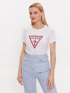 Guess T-Shirt W1YI1B I3Z14 Biały Slim Fit. Białe t-shirty Guess, xxl, z aplikacjami, z bawełny, bez kołnierzyka, bez ramiączek. Za 99,99 zł.