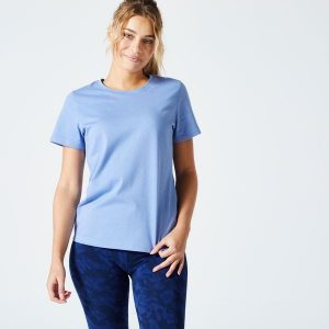 Koszulka z krótkim rękawem damska Domyos Gym & Pilates 500 Essentials. Szare bluzki DOMYOS, xs, bez wzorów, z bawełny, sportowe, bez kołnierzyka, bez ramiączek. Za 39,99 zł.