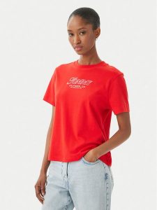 Tommy Hilfiger T-Shirt Logo Interlock WW0WW48707 Czerwony Regular Fit. Czerwone t-shirty TOMMY HILFIGER, xs, bez wzorów, z bawełny, bez kołnierzyka, bez ramiączek. Za 209,99 zł.