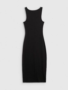 4F Sukienka z prążkowanej dzianiny damska - czarna S. Czarne sukienki 4f, na co dzień, s, bez wzorów, z dzianiny, eleganckie, bez kołnierzyka, bez ramiączek, dopasowane. Za 99,99 zł.