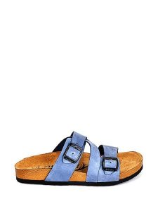 Moosefield Skórzane klapki w kolorze niebieskim rozmiar: 38. Niebieskie klapki Moosefield, bez wzorów, ze skóry, z otwartym noskiem, bez obcasa. Za 108,49 zł.