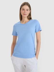 4F T-shirt regular gładki damski - niebieski L. Niebieskie t-shirty 4f, l, bez wzorów, z bawełny, bez kołnierzyka, bez ramiączek. Za 49,99 zł.
