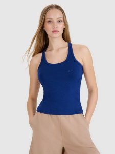 4F Top slim gładki damski - granatowy XS. Niebieskie topy 4f, xs, bez wzorów, z bawełny, klasyczne, bez kołnierzyka, bez ramiączek. W wyprzedaży za 29,99 zł.
