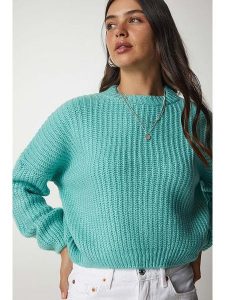 Happiness Istanbul Sweter w kolorze turkusowym rozmiar: onesize. Niebieskie swetry oversize Happiness Istanbul, bez wzorów, ze splotem, bez ramiączek. Za 82,44 zł.