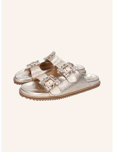 MELVIN & HAMILTON Skórzane klapki "Eve 1" w kolorze złotym rozmiar: 38. Żółte klapki Melvin & Hamilton, bez wzorów, z otwartym noskiem, bez obcasa. Za 341,79 zł.