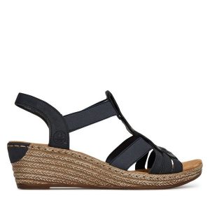 Sandały Rieker. Niebieskie sandały Rieker, bez wzorów, bez obcasa, na koturnie, bez zapięcia. Za 319,99 zł.