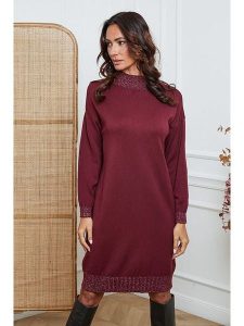 So Cachemire Sukienka dzianinowa "Linoa" w kolorze bordowym rozmiar: XL. Czerwone sukienki So Cachemire, na co dzień, xl, bez wzorów, z dzianiny, bez kołnierzyka, bez ramiączek, midi, proste. Za 187,96 zł.