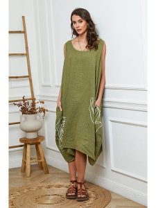 Joséfine Lniana sukienka w kolorze khaki rozmiar: XL. Brązowe sukienki Joséfine, na co dzień, xl, bez wzorów, ze lnu, z asymetrycznym kołnierzem, bez ramiączek, midi, asymetryczne. Za 248,45 zł.