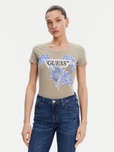 Guess T-Shirt W5GI08 J1314 Khaki Slim Fit. Brązowe t-shirty Guess, xl, z aplikacjami, z bawełny, bez kołnierzyka, bez ramiączek. Za 119,99 zł.