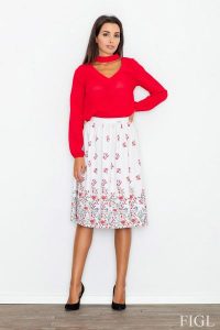 Ecru Spódnica Rozkloszowana Midi w Kolorowe Kwiaty. Niebieskie spódnice Figl, l, bez wzorów, z elastanu, midi. Za 189,00 zł.