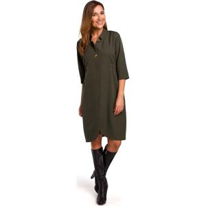 Khaki Elegancka Sukienka Żakietowa z Pagonami. Brązowe sukienki MOE, l, bez wzorów, z elastanu, eleganckie, bez kołnierzyka, bez ramiączek. Za 293,90 zł.