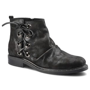 Botki damskie Lemar, płaskie z eleganckim wiązaniem i zapinane na zamek, czarne, 60150-V. Czarne botki Lemar, na zimę, bez wzorów, z nubiku, bez obcasa, na płaskiej podeszwie, bez zapięcia. Za 219,00 zł.