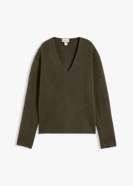 Sweter z dekoltem w serek. Zielone swetry klasyczne bonprix, bez kołnierzyka. Za 109,99 zł.