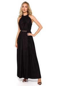 Brokatowa Maxi Sukienka z Dekoltem Typu Halter - Czarna. Czarne sukienki MOE, uniwersalny, bez wzorów, z elastanu, wizytowe, bez kołnierzyka, bez ramiączek, maxi. Za 296,05 zł.