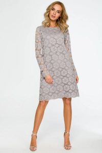 Sukienka koronkowa trapezowa midi w kwiaty szara. Szare sukienki MOE, na imprezę, l, bez wzorów, z elastanu, eleganckie, bez kołnierzyka, bez ramiączek, midi, rozkloszowane. Za 339,00 zł.