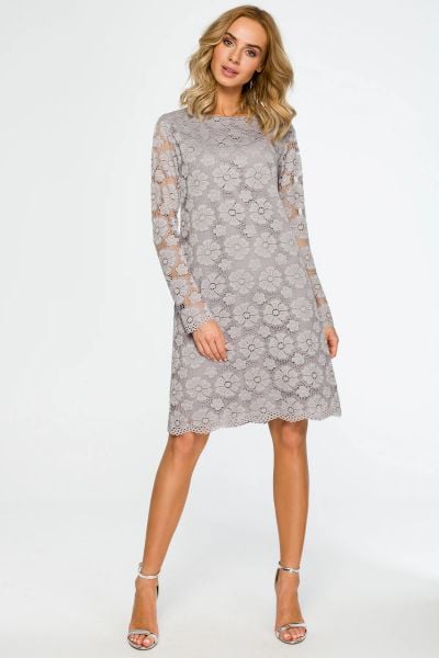 Sukienka koronkowa trapezowa midi w kwiaty szara. Szare sukienki MOE, na imprezę, l, bez wzorów, z elastanu, eleganckie, bez kołnierzyka, bez ramiączek, midi, rozkloszowane. Za 339,00 zł.