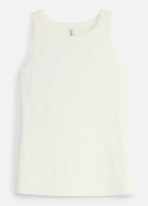 Tank top funkcyjny slim fit z prążkowanej dzianiny, szybkoschnący. Białe topy bonprix, bez wzorów, z dzianiny, bez kołnierzyka, bez ramiączek. Za 37,99 zł.