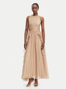 Morgan Sukienka koktajlowa 261-RFLAM Beżowy Regular Fit. Brązowe kombinezony Morgan, bez wzorów, z syntetyku, wizytowe, bez kołnierzyka, bez ramiączek. Za 449,99 zł.