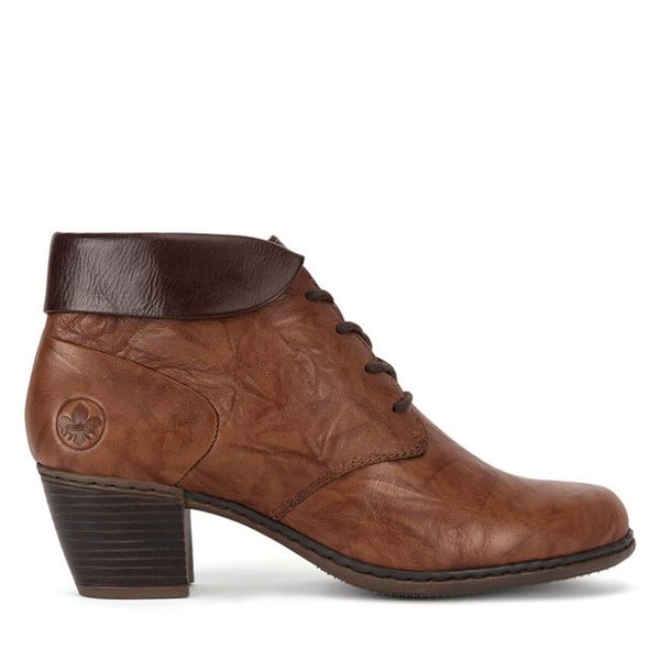 Trzewiki Rieker. Brązowe botki Rieker, bez wzorów, bez obcasa, na słupku, bez zapięcia. Za 299,99 zł.