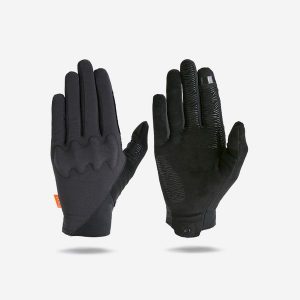 Rękawice rowerowe ochronne Btwin z D30®. Czarne rękawiczki ROCKRIDER, bez wzorów, z materiału. Za 139,99 zł.