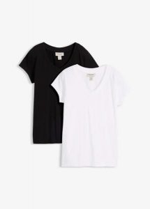 T-shirt z czystej bawełny organicznej (2 szt.). Czarne t-shirty bonprix, bez wzorów, z bawełny, bez kołnierzyka, bez ramiączek. Za 67,99 zł.