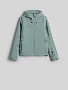 4F Kurtka softshell wiatroodporna damska - turkusowy L. Niebieskie kurtki 4f, l, bez wzorów, z softshellu, bez kaptura. Za 299,99 zł.