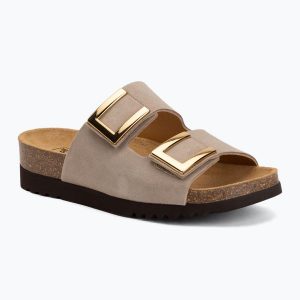 Klapki damskie Scholl Montery 2 Straps Ad Med. Brązowe klapki Scholl, bez wzorów, z materiału, bez obcasa. Za 349,99 zł.