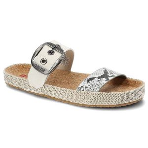 Klapki damskie Big Star, materiał syntetyczny z regulowanym paskiem zapinanym na klamrę profilowaną wkładką, białe wężowe, JJ274728. Białe klapki Big Star, bez wzorów, z materiału, bez obcasa. Za 109,00 zł.