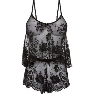 Top + krótkie spodenki (2 części). Czarne komplety bielizny bonprix, bez wzorów, z koronki. Za 107,99 zł.