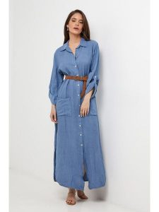 Le Monde du Lin Lniana sukienka w kolorze niebieskim rozmiar: 34/36. Niebieskie sukienki Le Monde du Lin, bez wzorów, ze lnu, bez kołnierzyka, bez ramiączek, maxi. Za 195,99 zł.