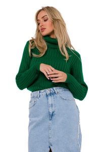 Sweter z Golfem o Prążkowanym Splocie - Zielony. Zielone golfy MOE, bez wzorów, z materiału. Za 220,90 zł.