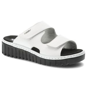 Klapki damskie Rieker, cholewka ze skóry naturalnej z regulowanymi paskami na rzepy odkryty fason profilowana wkładka, białe, V1392-80. Białe klapki Rieker, bez wzorów, ze skóry, bez obcasa. Za 299,00 zł.