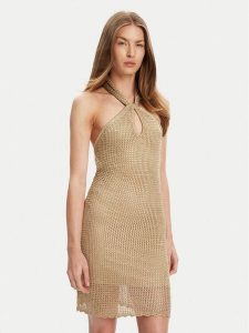 Guess Sukienka dzianinowa W5YK34 Z24F0 Złoty Slim Fit. Żółte kombinezony Guess, xl, z aplikacjami, z dzianiny, bez kołnierzyka, bez ramiączek. Za 459,99 zł.