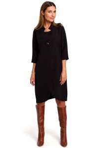 Czarna Elegancka Sukienka Żakietowa z Pagonami. Czarne sukienki MOE, l, bez wzorów, z elastanu, eleganckie, bez kołnierzyka, bez ramiączek. Za 293,90 zł.