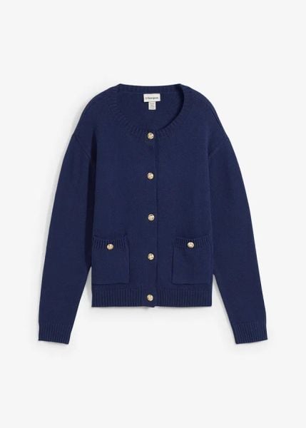 Sweter rozpinany z kieszeniami. Niebieskie kardigany bonprix, bez kołnierzyka. Za 77,99 zł.