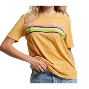 Koszulka turystyczna damska Superdry Vinage Great Outdoors t-shirt. Żółte koszulki sportowe Superdry, bez wzorów, z bawełny, bez ramiączek. W wyprzedaży za 91,00 zł.