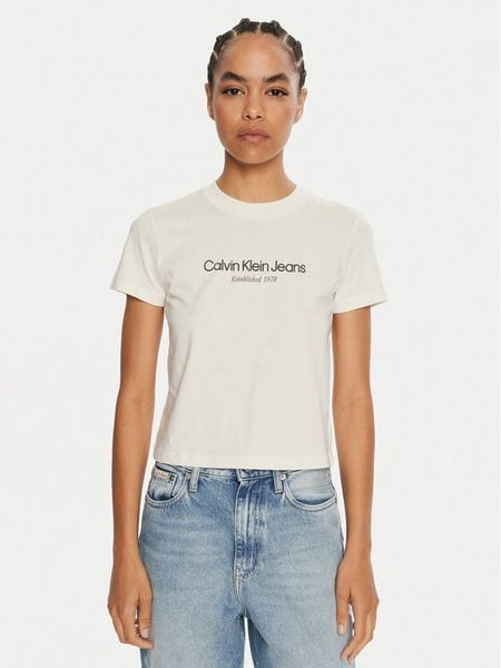 Calvin Klein Jeans T-Shirt J20J224914 Écru Regular Fit. T-shirty Calvin Klein Jeans, m, bez wzorów, z bawełny, bez kołnierzyka, bez ramiączek. Za 89,99 zł.