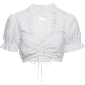 Bluzka w ludowym stylu. Białe bluzki bonprix, bez wzorów, eleganckie, bez kołnierzyka, bez ramiączek. Za 129,99 zł.