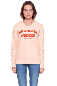 BLUZA WRANGLER DAMSKA WROCKS SWEAT PEACH PARFAIT W601OHYUD 112130375. Pomarańczowe bluzy Wrangler, xs, z aplikacjami, bez kaptura. W wyprzedaży za 69,99 zł.