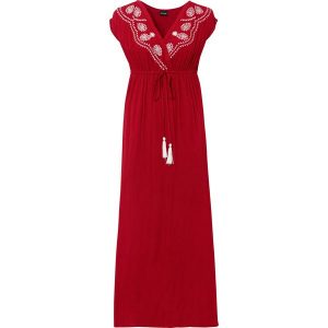 Długa sukienka z haftem. Niebieskie sukienki bonprix, na lato, z aplikacjami, bez kołnierzyka, bez ramiączek, maxi. Za 159,99 zł.