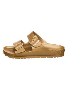 Birkenstock Klapki "Arizona" w kolorze złotym rozmiar: 37. Żółte klapki Birkenstock, bez wzorów, z otwartym noskiem, bez obcasa. Za 219,60 zł.