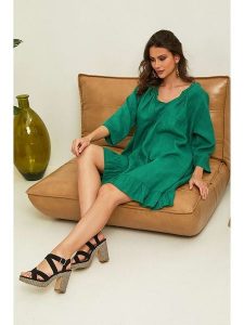 La Compagnie Du Lin Lniana sukienka "Jasmine" w kolorze zielonym rozmiar: S. Zielone sukienki La Compagnie Du Lin, s, bez wzorów, ze lnu, bez kołnierzyka, bez ramiączek, mini. Za 180,49 zł.