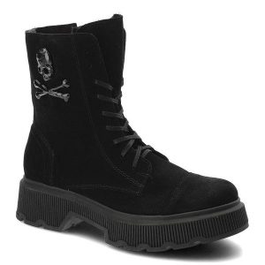 Czarne Botki Exquisite Modne Skórzane Buty Damskie. Czarne botki Exquisite, z aplikacjami, z weluru, bez obcasa, na obcasie, bez zapięcia. Za 459,00 zł.