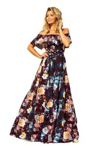 Czarna Kwiecista Maxi Sukienka z Hiszpańskim Dekoltem. Czarne sukienki NUMOCO, s, bez wzorów, z materiału, bez kołnierzyka, bez ramiączek, maxi. Za 419,90 zł.