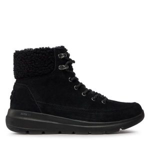 Trzewiki Skechers. Czarne botki Skechers, bez wzorów, bez obcasa, na płaskiej podeszwie, bez zapięcia. Za 259,99 zł.